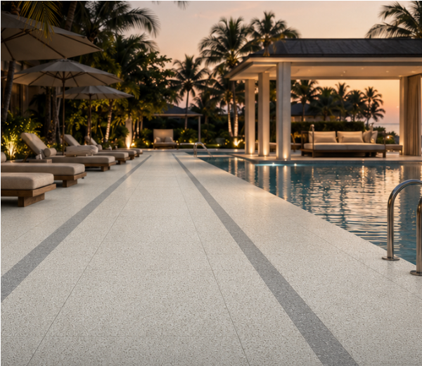 Soft luxury bright poolside with Dorvana marble look pavers