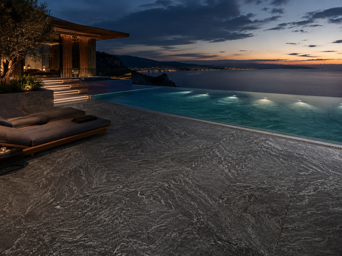 High-end statement poolside with Epicana marble look pavers