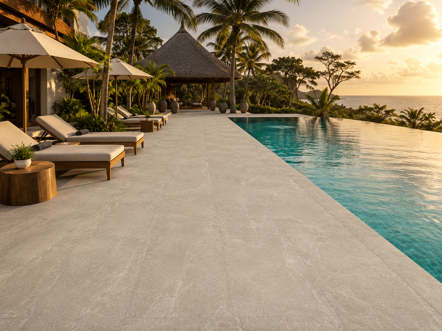 Luxury resort poolside with outdoor porcelain pavers